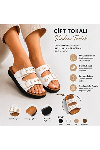 KANTEX 3'lü Paket Kadın Günlük Ortopedik Anatomik Tabanlı Konfor Modeli Çift Tokalı Rahat Dışarı & Ev Içi Terliği RCN-620