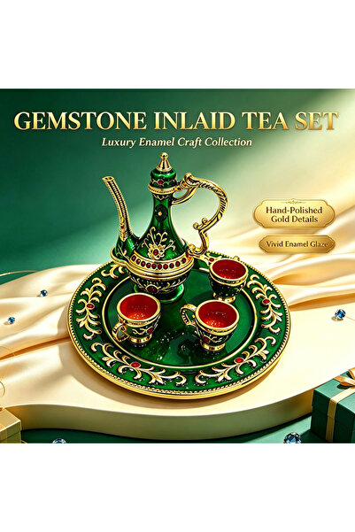 NUJET Vintage Enamel Gemstone Inlaid Mini Tea Pot Cup Tray Set, Oriental Arab...