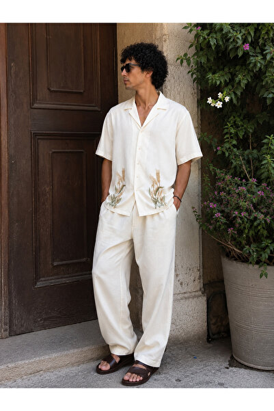 SPARKS.CO %100 cotton Wheat Embroidery Oversize Camp Collar Shirt - Ekru
