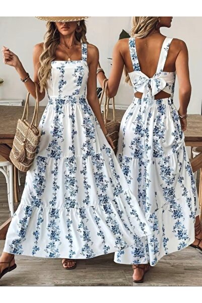 Simala Women's Strappy Square Neck Patterned Long Jersey Dress with Bow Tie D...
