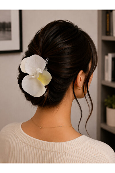 Bymiel Women's Orchid Flower Detailed Latch Buckle Large Size Hair Clip