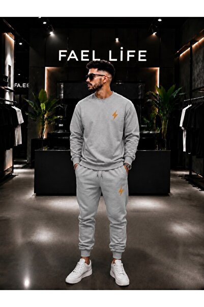 FAEL LİFE Unisex Wide Cut Zero Neck and Sweatpants Set with Lightning Print