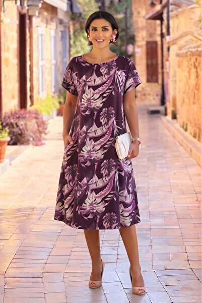 Nevin Kaya Moda Purple Laurel Patterned Round Neck Dress