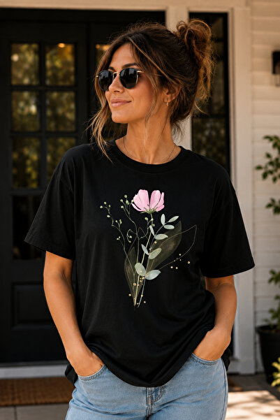 Büşra Çetin Floral Pattern Women's T-Shirt, 100% Cotton Unisex Oversize Cotto...