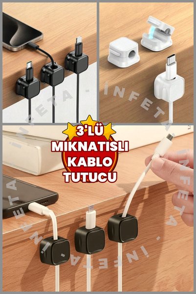 İnfeta 3 Adet Mıknatıslı Kablo Tutucu Sabitleyici Manyetik Masa Üstü Kablo Dü...