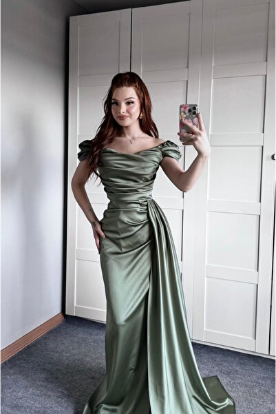 ayşenur Dinçer butik Balon Kol Saten Abiye Haki Yeşil
