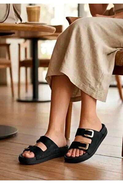 mustey Suede Double-Strap Buckle Slippers with Gold Details, Suitable for Dai...