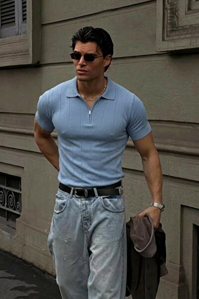 Maccali Men's Summer Short Sleeve Casual Striped Blue Polo Knitwear t Shirt