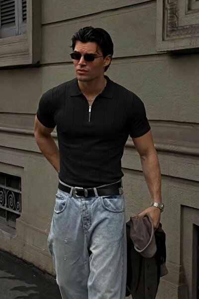 Maccali Men's Summer Short Sleeve Casual Striped Black Polo Knitwear t Shirt