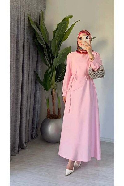 Asya Karen Shawl Collar Belted Long Dress Pink