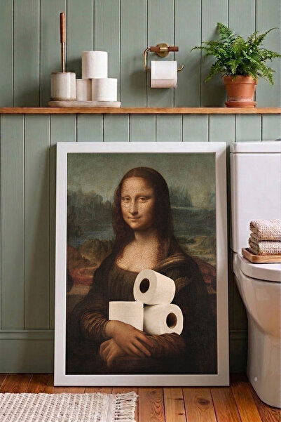 Tuvalet Kağıdı Tutan Mona Lisa Çerçeveli Tablo - Komik Banyo Tuvalet WC Tablosu