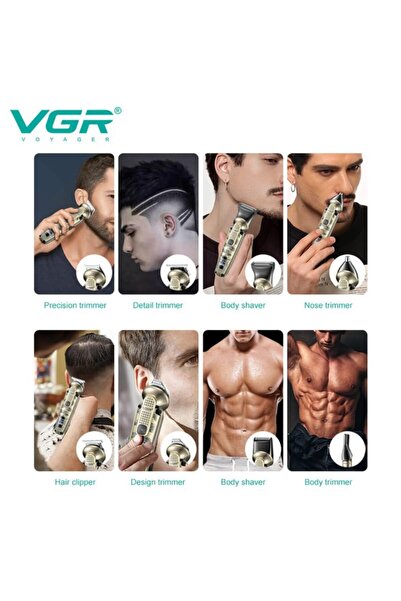 VGR طقم تشذيب الشعر للرجال V-103 8 في 1 للوجه والجسم والمناطق الحساسة، ماكينة حلاقة وتشذيب اللحية والأذن والأنف، ماكينة حلاقة الرأس، طقم تجميل كامل للجسم، هيكل معدني، مقاوم للماء IPX6، مع حقيبة سفر، وقت تشغيل 180 دقيقة