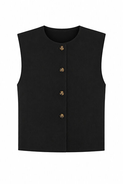 HAZELANNA Linen Blend Buttoned Black Vest