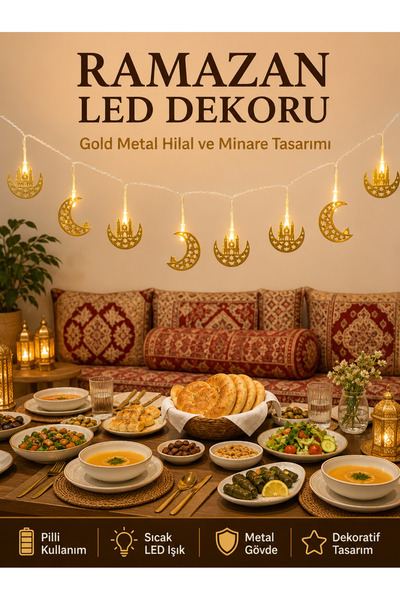 Minareli Hilal LED Işık Gold Metal Gövdeli Pilli Ramazan Dekoru