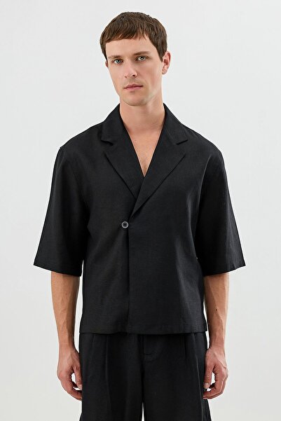 Antioch Black Linen Blend Relax Fit Symmetrical Men's Shirt