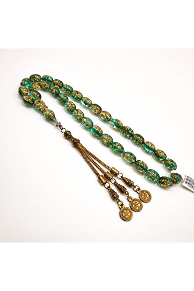 Generic Epoxy Gold Flake Rosary 33 Beads 9x12mm Emerald Green Prayer Beads Ta...