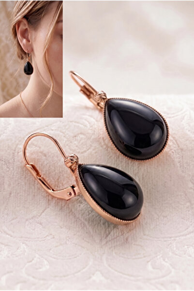 LADYMİRAGE Black Agate Stone Steel Earrings