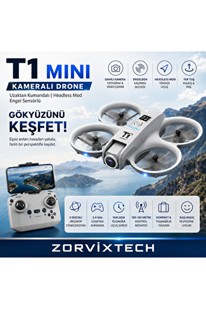 ZorvixTech T1 Mini Kameralı Drone Uzaktan Kumandalı Headless Mod Engel Sensörlü