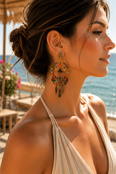 POYASE Bohemian Leaf Figured Bead Detailed Dangle Earrings Ethnic Design Wome...