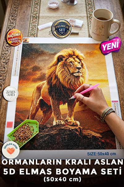 Haneliya Ormanların Kralı Aslan - 5D Diamond Painting - Elmas Mozaik Tablo Bo...
