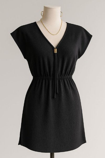 OEM Women's Black Side Slit Buckled V-Neck Mini Beach Dress H110431 - Oembys7365-7717