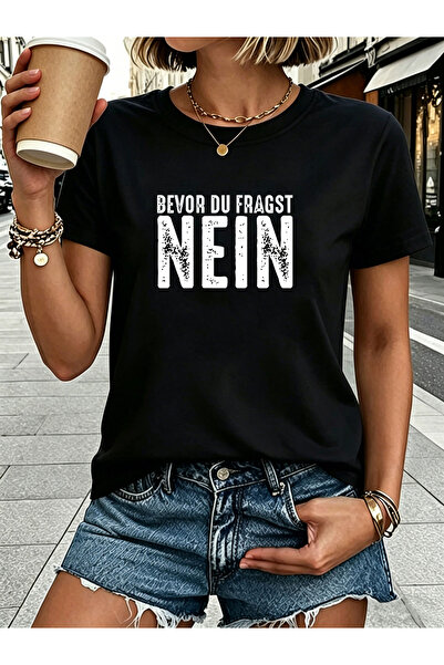 NOURAM تي شيرت نسائي مطبوع عليه عبارة "Bevor Du Fragst NEIN" - قميص بأكمام قص...