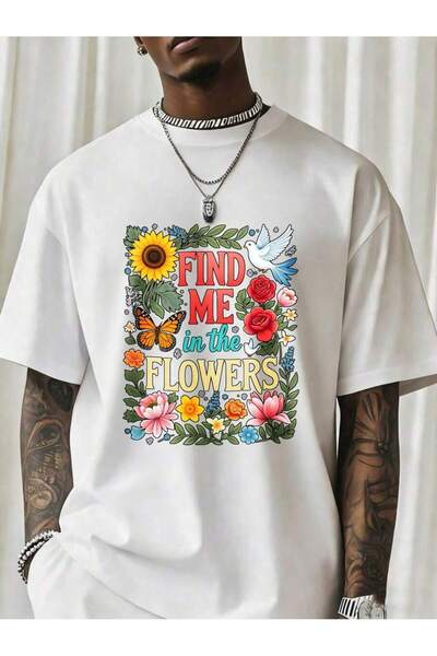 NOURAM تي شيرت رجالي بتصميم زهور 'Find Me In The Flowers' باللون الأسود، تي ش...