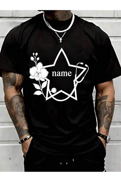 NOURAM Custom Name Star Flower Stethoscope Design Black T Shirt Men Unisex Fa...