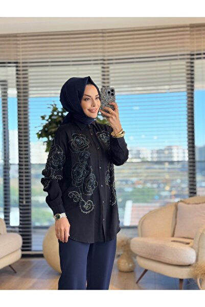 Aynaz Orfeonegro 34608 Front Sleeve Beaded Floral Embroidered Shirt Black