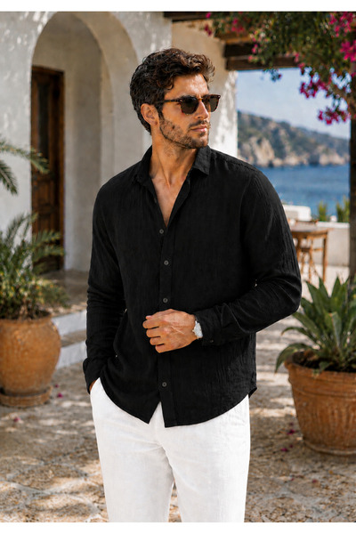 BM BALANCEMODA Men's Half Oversize Muslin Fabric Long Sleeve Collared Breathable