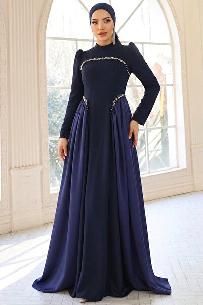 Aysan Moda İnci Detaylı Krep ve Saten Kombinli Kloş Tesettür Abiye Elbise