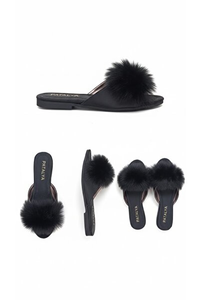 PATALYA Black Goose Feather Heelless Women's Slippers 615