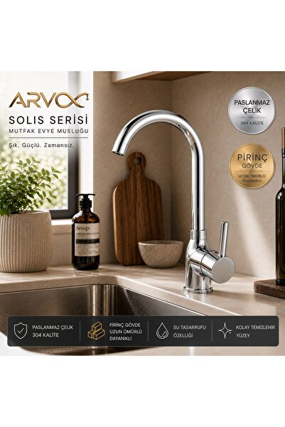 Sardıcı ARVOX Solis Evye Bataryası Krom Mutfak Musluğu Pirinç Gövde 304 Pasla...