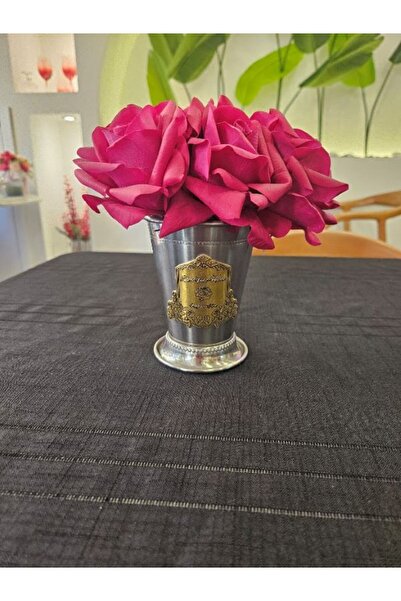 MİMSEGÜN DEKOR Fuchsia Wet Rose Silver Metal Vase