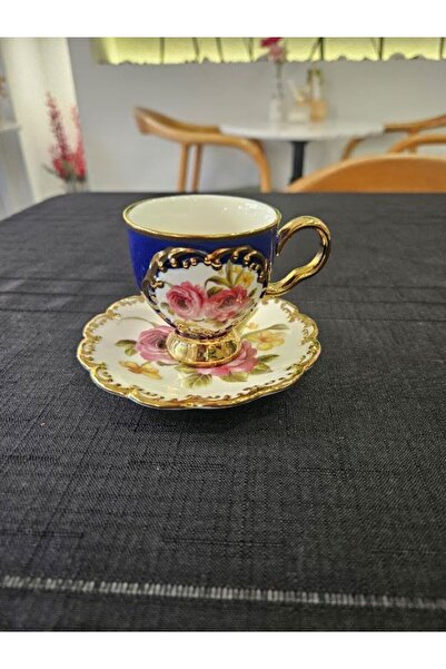 MİMSEGÜN DEKOR Dark Blue Rose Hand Painted Quality Coffee Cup with Gold Details