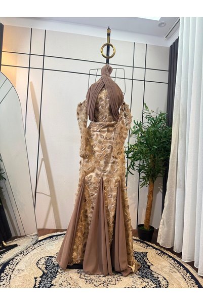 NUHAIRa Beaded and Sequined Evening Dress + Chiffon Georgette Pleats