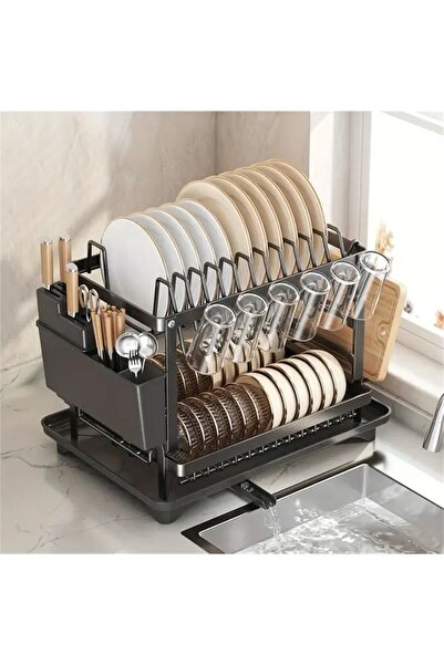Generic Black Dish Drying Rack With Knife Fork Holder And Cutting Board Rack