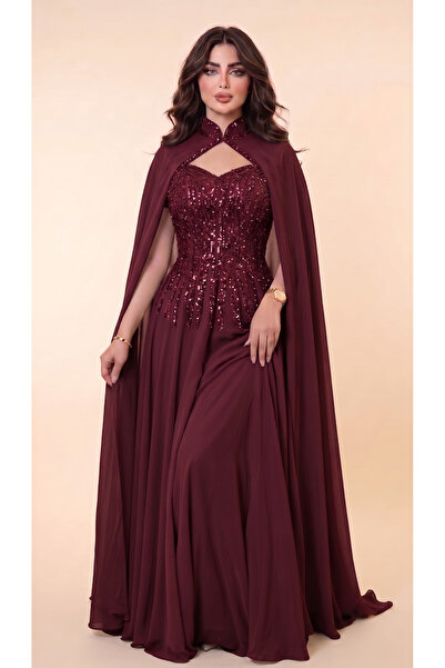 DVNA Dvna Charming Burgundy Evening Dress with Sequin Embellishments and a Fl...