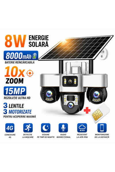 VeeShop Camera de Supraveghere cu SIM 4G, 3 Camere Motorizate 15MP cu PTZ, 80...