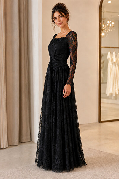 Adel Center Women's Black Long Lace Square Collar Long Sleeve Evening Dress