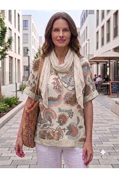 AYASOFYA OTANTIK Bluză lejeră pentru femei, cu model floral italian, cu mânec...