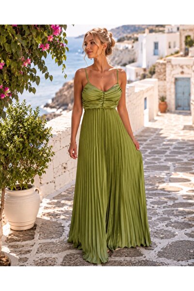 Divin store rochie lunga olive din satin elastic plisat