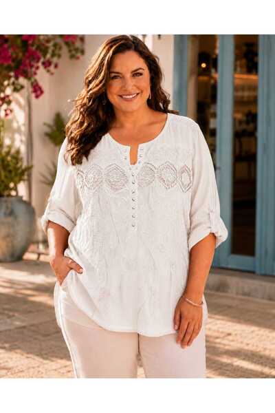 Butik Şans Women's Double Italian Blouse with Guipure Embroidery and Stone De...