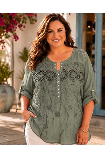 Butik Şans Women's Double Italian Blouse with Guipure Embroidery and Stone De...
