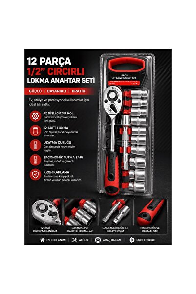 Trendhane 12 Parça 1/2" Cırcırlı Lokma Anahtar Seti | Profesyonel Lokma Takımı