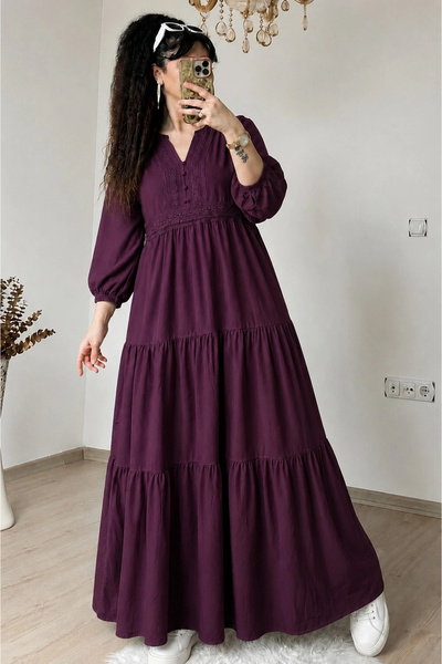 AZRA BUTİK Ruffled Skirt Lace Ribbon Detailed Dress Plum