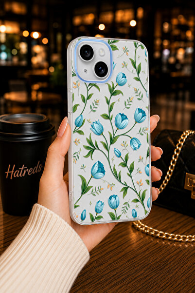 Hatreds iPhone 13 Kamera Korumalı Şeffaf Desenli Klip Kılıf - Mavi Lale