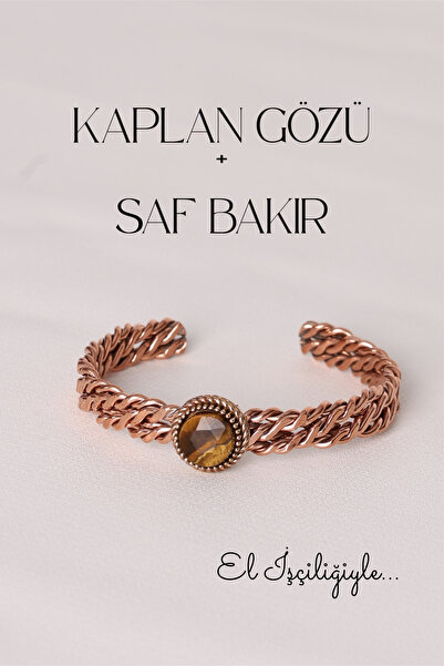 Store Kaplan Gözü Taşlı Doğal Taş Saf Bakır El İşçiliği Bilezik