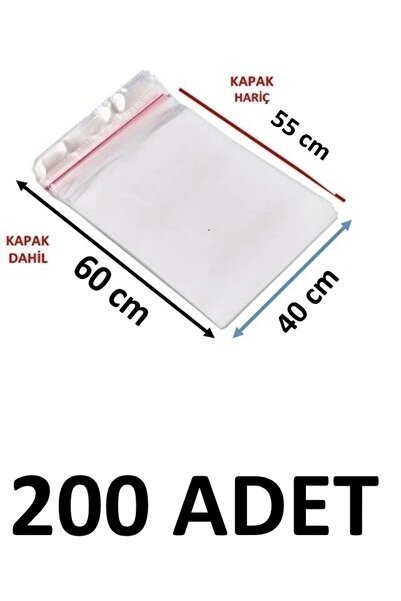MTKardeşler 200 Pieces 40 X 55+5 cm Adhesive Transparent Opp Bags 40X60 Opp B...