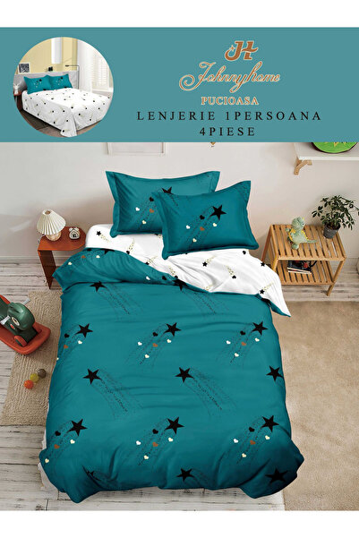 Pucioasa Set lenjerie de pat din 4 piese, bumbac, turcoaz cu stele negre-P137